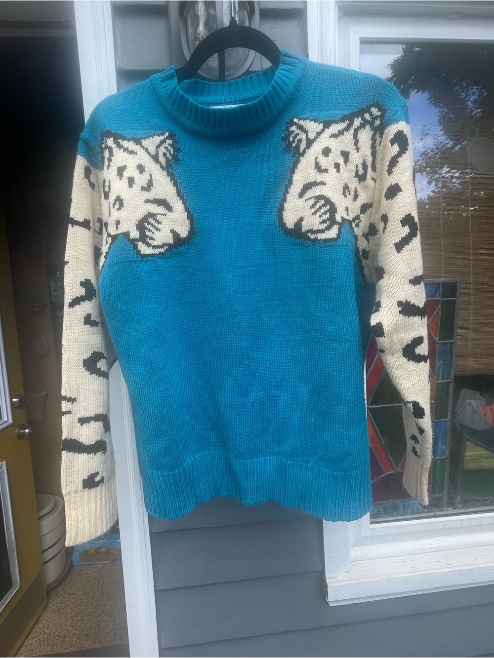 Turquoise Cowl-Neck Sweater with Cream Leopard Motif